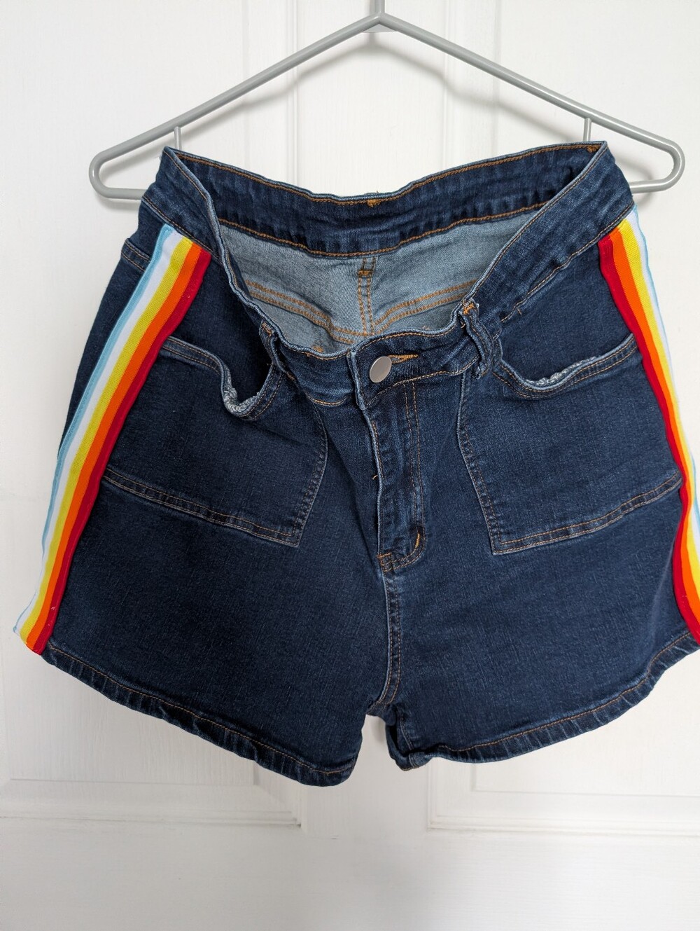 Denim High-Waist Women’s Shorts with Rainbow Side Stripes
